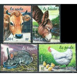france 2004, nature de france, animaux de la ferme, très beaux timbres neufs** luxe yvert 3662 le lapin, 3663 la poule, 3664 la vache, 3665 le baudet. -