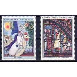 Art : "les mariés de la tour Eiffel" de Chagall et vitrail de la cathédrale de Chartres la paire année 1963 n° 1398 1399 yvert et tellier luxe
