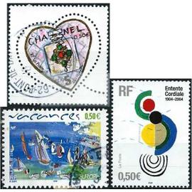 france 2004, beaux timbres yvert 3632 saint valentin, coeur par karl lagerfeld, 3657 oeuvre de s. delaunay, entente cordiale avec la grande bretagne et 3668 vacances, europa d