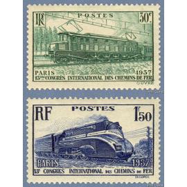 France 1937, très Belle Paire Timbres Neufs** luxe Yvert 339 Et 340, Congrès International Des Chemins De Fer, Locomotive Electrique Et "Pacific" Carenee.