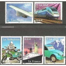 france 2002, très belle série complète timbres neufs** luxe yvert n° 3471 3472 3473 3474 3475, le siècle au fil du timbre - transports,