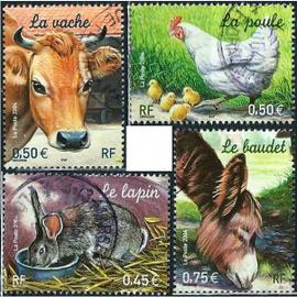 france 2004, belle série complète nature de france, animaux de la ferme, timbres yvert 3662 le lapin, 3663 la poule, 3664 la vache, 3665 le baudet, oblitérés, TBE
