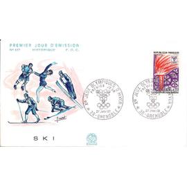 france 1968, belle enveloppe 1er jour FDC 627, jeux olympiques de grenoble, timbre yvert 1545, flamme olympique.