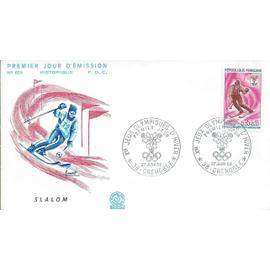 france 1968, belle enveloppe 1er jour FDC 629, timbre yvert 1547, jeux olympiques de grenoble, le slalom.