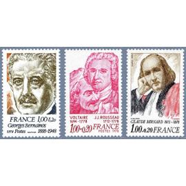france 1978, personnages célèbres, très beaux timbres neufs** luxe yvert 1987 georges bernanos, 1990 voltaire et rousseau et 1990A claude bernard.