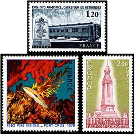 france 1978, très beaux timbres neufs** luxe yvert 2005 parc national de port cros, 2010 colline et mémorial de notre dame de lorette et 2022 60 ans de l