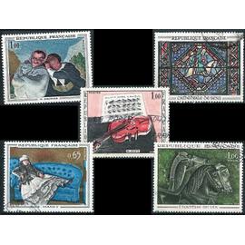 france 1962 à 1966, beaux timbres tableaux, yvert 1363 manet, 1427 vitrail cathédrale de sens, 1459 dufy, 1478 cratère de vix et 1494 daumier, oblitérés, TBE