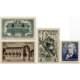france 1944, très beaux timbres neufs** luxe yvert 609 création des wagons postaux, 610 château de chenonceau, 618 100 ans des lignes ferrées paris rouen et paris orléans et 619 claude chappe.
