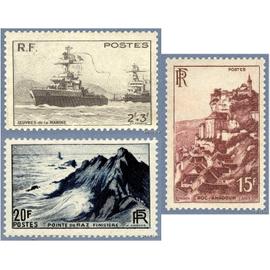 france 1946, très beaux timbres neufs** luxe yvert 752 pour les oeuvres de la marine, 763 rocamadour (lot) et 764 pointe du raz - finistère.