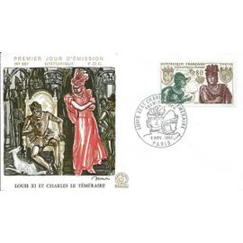 france 1969, belle enveloppe 1er jour FDC 697, timbre 1616, louis 11 et charles le téméraire, belle illustration relief de decaris.