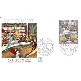 france 1969, belle enveloppe 1er jour neuve FDC 700, timbre yvert 1588A, oeuvre de seurat - "le cirque", belle illustration couleur en relief.