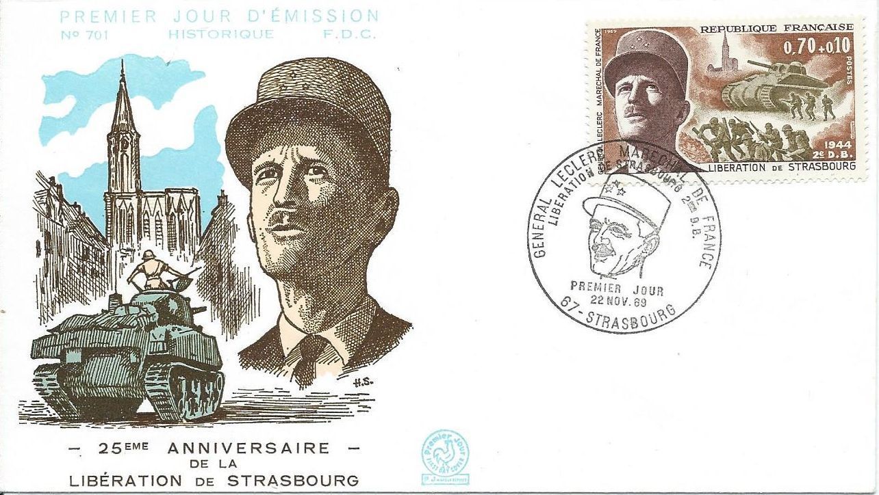 france 1969, très belle enveloppe 1er jour FDC 701, timbre yvert 1608, 25ème anniversaire de la libération de Strasbourg par les troupes du maréchal Leclerc. -