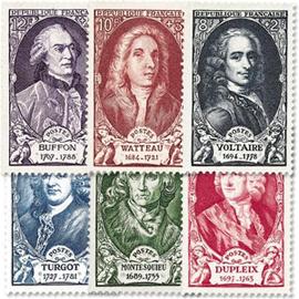 Montesquieu, Voltaire, Watteau, Buffon, Dupleix, Turbot série complète année 1949 n° 853 854 855 856 857 858 yvert et tellier luxe
