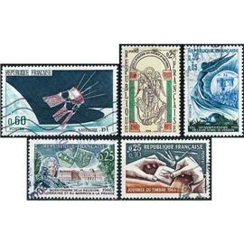 france 1966, beaux timbres yvert 1476 satellite D1, 1477 journée du timbre, 1482 millénaire mont saint michel, 1483 intégration lorraine et barrois et 1484 victoire de verdun, oblitérés, TBE
