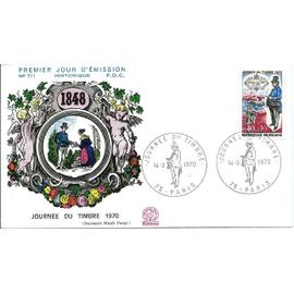 france 1970, belle enveloppe 1er jour FDC 711, timbre yvert 1632, journée du timbre, facteur de ville vers 1830. -