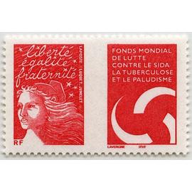 france 2004, très beau timbre neuf** luxe yvert 3689 Marianne de Luquet validité permanente lettre prioritaire avec vignette «Fonds mondial de lutte contre le SIDA, la tuberculose et le paludisme»