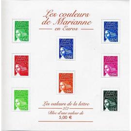 france 2002, très beau bloc feuillet neuf** luxe yvert 45, les couleurs de marianne en euros (2/2), 8 timbres marianne de luquet, 3417 3448 3450 3451 3452 3453 3454 et 3456.