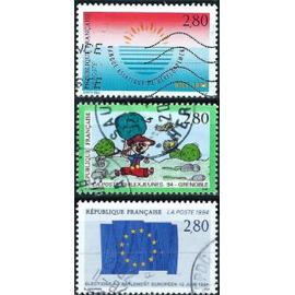 France 1994, beaux timbres yvert 2860 élections européennes, 2877 exposition philex-jeunes à Grenoble et 2884 banque asiatique de développement, oblitérés, TBE.