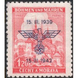 Tchécoslovaquie 1942, occupation allemande, Bohème Moravie, très beau timbre neuf** luxe yvert 76A, vue de Prague surchargée grand aigle et croix gammée, 3ème anniversaire du "protectorat allemand".