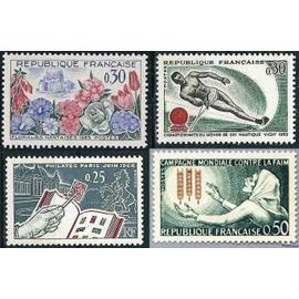 france 1963, très beaux timbres neufs** luxe, yvert 1369 floralies nantaises, 1379 campagne contre la faim, 1395 philatec paris 1964 et 1403 championnat du monde de ski nautique à vichy. -