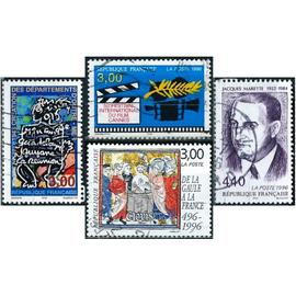 france 1996, beaux timbres yvert 3015 jacques marette, 3024 de la gaulle à la france, 3036 départements d