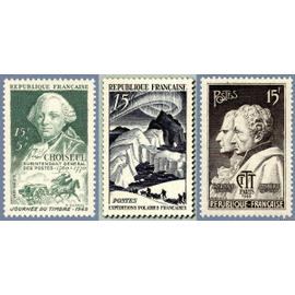 france 1949, très beaux timbres neufs** luxe yvert 828 choiseul surintendant des postes - journée du timbre, 829 expéditions polaires françaises, et 845 arago et ampère.