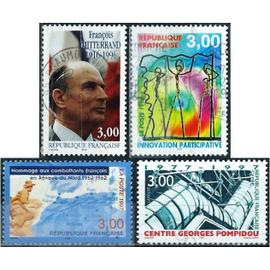 france 1997, beaux timbres yvert 3042 François Mitterrand, 3043 innovation participative, 3044 musée Georges Pompidou et 3072 combattants français en Afrique du nord, oblitérés, TBE.