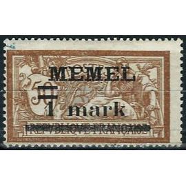 lituanie 1920 / 21, enclave de Memel sous adm. française, très beau timbre neuf** luxe yvert 25, type Merson 50c. brun et gris vert surchargé "Memel 1 mark".