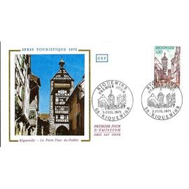 france 1971, belle enveloppe 1er jour, timbre yvert 1685, Riquewihr, la poste tour du Dolder.