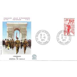 france 1971, très belle enveloppe 1er jour fdc 779, timbre yvert 1697, le général de gaulle descend les Champs Elysées à paris en 1944, TBE.