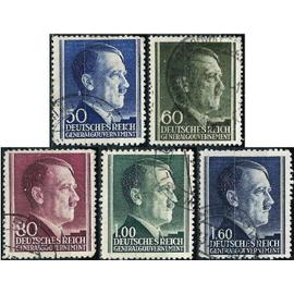 pologne 1942 / 1943, occupation allemande, general gouvernement, beaux timbres yvert 94 95 96 97A et 99A, portrait chancelier hitler, oblitérés, TBE.