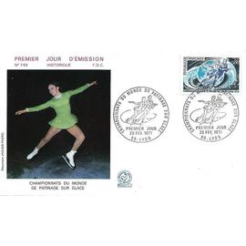 france 1971, très belle enveloppe 1er jour, fdc 749, timbre yvert 1665, championnats du monde de patinage sur glace à lyon, photo de peggy fleming.