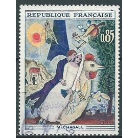 france 1963, beau timbre yvert 1398, tableau de Marc Chagall, "les mariés de la tour eiffel", oblitéré, TBE -