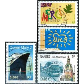 france 2003, beaux timbres yvert 3540, timbre de message : "merci", 3541 timbre pour naissance, 3552, nantes, le tramway et la tour lu, et 3631, paquebot queen mary 2, oblitérés, TBE