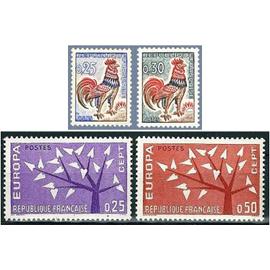 France 1962, Très Beaux timbres Neufs** Luxe Coq De Decaris Yvert 1331 0.F25 et 1331A 0F.30 et Paire Europa CEPT, Yvert 1358 et 1359, arbre à 19 feuilles, dessin de Lex Weyer - Luxembourg.