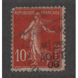 France, timbre-poste Y & T n° 138 oblitéré, 1907 - Semeuse camée (type I A, rouge sang)