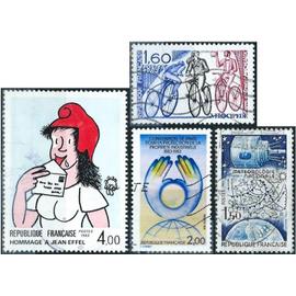 france 1983, beaux timbres yvert 2272 propriété industrielle, 2290 le vélocipède, 2291 hommage à jean eiffel et 2292 météorologie nationale, oblitérés, TBE.