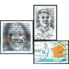 france 2003, beaux timbres yvert 3542 coopération franco allemande, 3543 aménagement du territoire, 3544 geneviève anthonioz de gaulle, oblitérés, TBE