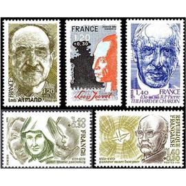 france 1981, personnages, très beaux timbres neufs** luxe yvert 2148 louis armand, 2149 louis jouvet, 2150 soeur a. m. Javouhet, 2152 teilhard de chardin et 2153 pasteur marc boegner.