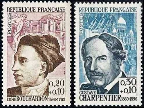france 1962, série personnages, beaux timbres yvert 1346 edme bouchardon et 1348 gustave charpentier, neufs*