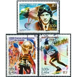 france 2000, beaux timbres yvert 3314 france championne du monde de football 1998, 3315 jean claude killy champion olympique et 3316 charles lindberg pionnier de l