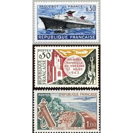 france 1962, très beaux timbres neufs** luxe yvert 1325 paquebot france, 1334 journée mondiale du théâtre, et 1355, le touquet paris plage.