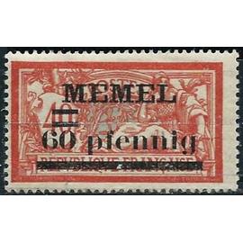 lituanie 1920 / 1921, enclave de memel sous adm. française, beau timbre yvert 24, type merson 40c. rouge et bleu surchargé "memel 60 pfennnig", neuf*