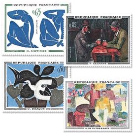 Art : tableaux de Georges Braque, Henri Matisse, Paul Cézanne, Roger de la Fresnaye série complète année 1961 n° 1319 1320 1321 1322 yvert et tellier luxe