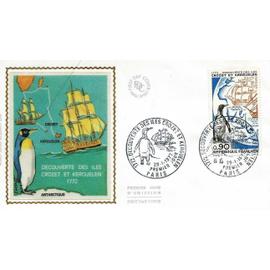 france 1972, belle enveloppe 1er jour, timbre yvert 1704, 200ème anniversaire de la découverte des îles Kerguelen par Yves Joseph de Kerguelen de Trémarec, officier de marine, belle illustr. soie, TBE